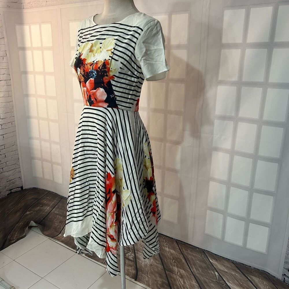 Anthropologie Cream Striped Midi Dress with Red & Pink Floral Print - Picture 5 of 11